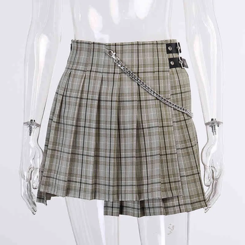 Женский гот высокая талия клетчатая юбка Y2K одежды Harajuku Kawaii лоскутная пряжка цепочка мини плиссированные юбки Preppy 210517