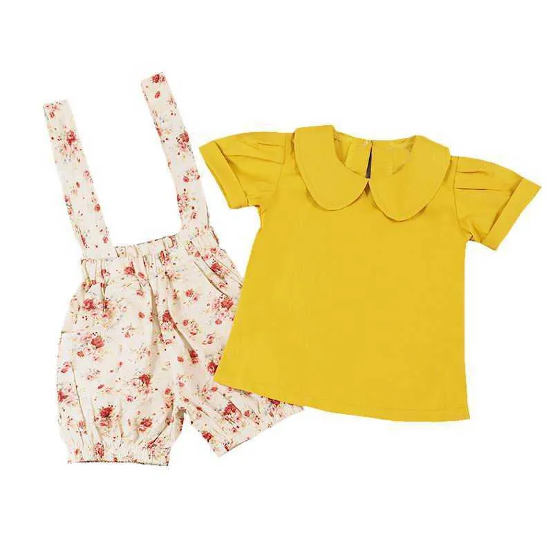 Détail été filles vêtements ensembles à manches courtes moutarde jaune chemise + salopette Shorts Floral enfants tenues enfants vêtements E16208 210610