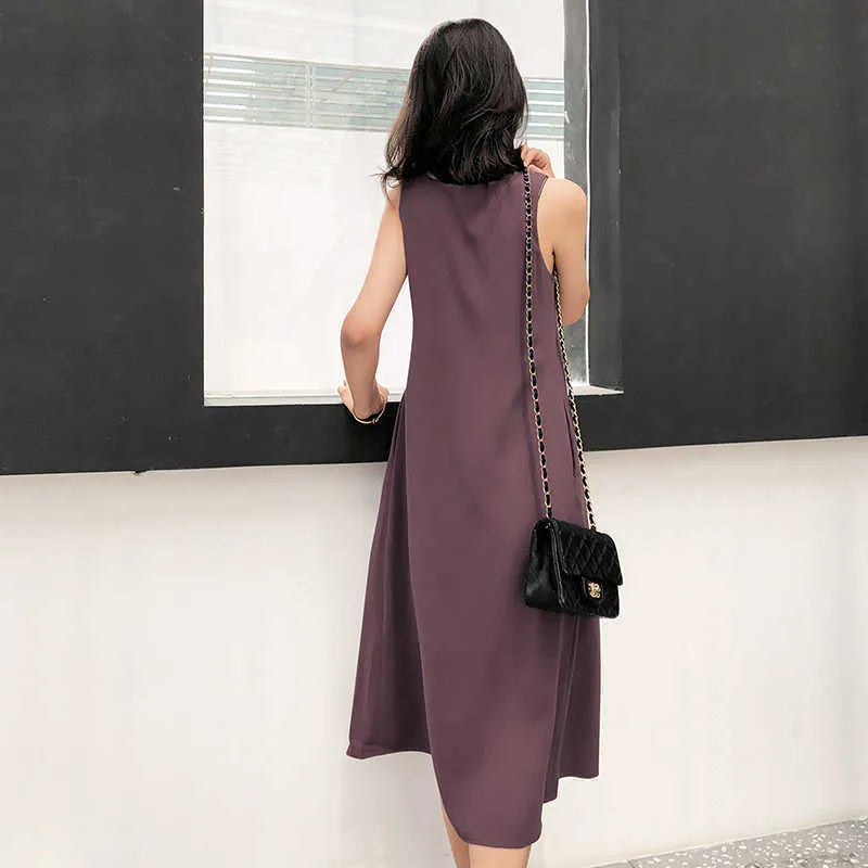 Femmes mode Vintage robe été élégant bureau dames sans manches solide violet une ligne robes Vestidos 210608