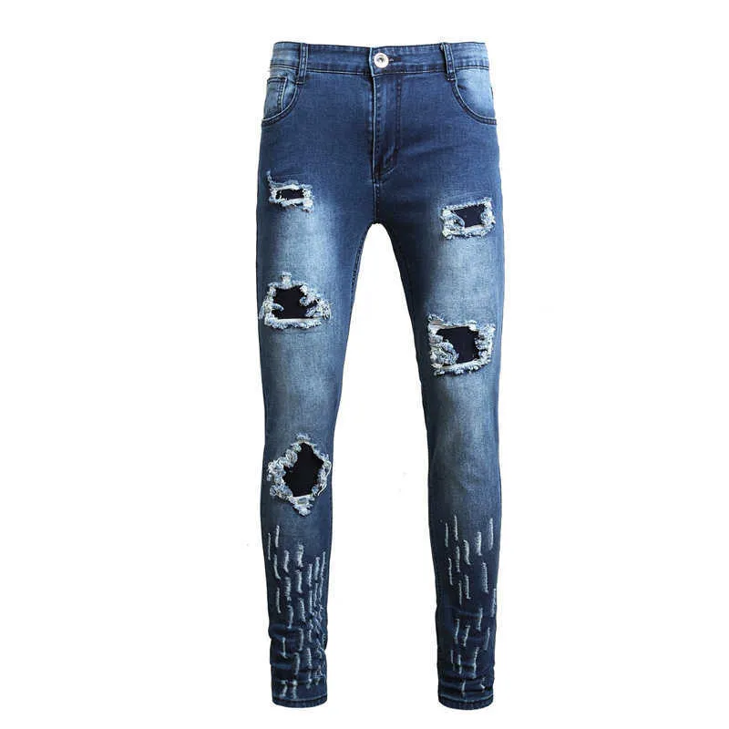 Autunno Moto Biker jeans Strappato Patchwork Mens Jeans Pantaloni Uomo Slim Stretch pantaloni buco blu Matita Pantaloni jeans uomo X0621