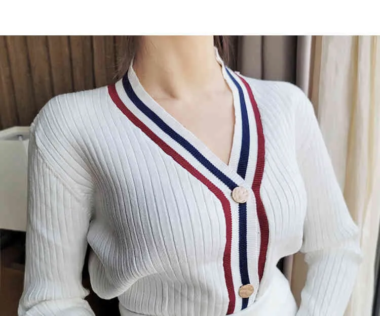 Conjunto de Duas Peças Vintage Feminino Coreano Primavera Outono Decote em V Listras Cor Contraste Suéter de Malha + Cintura Alta Bodycon Skit 210519