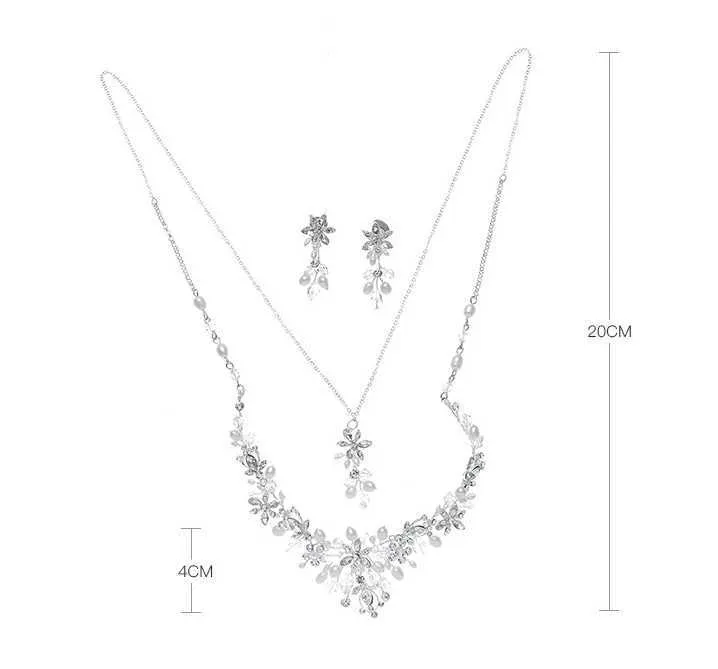 Ensemble de bijoux de mariage en perles d'eau douce faites à la main, couleur argent, boucles d'oreilles florales, collier, accessoires pour femmes, H1022