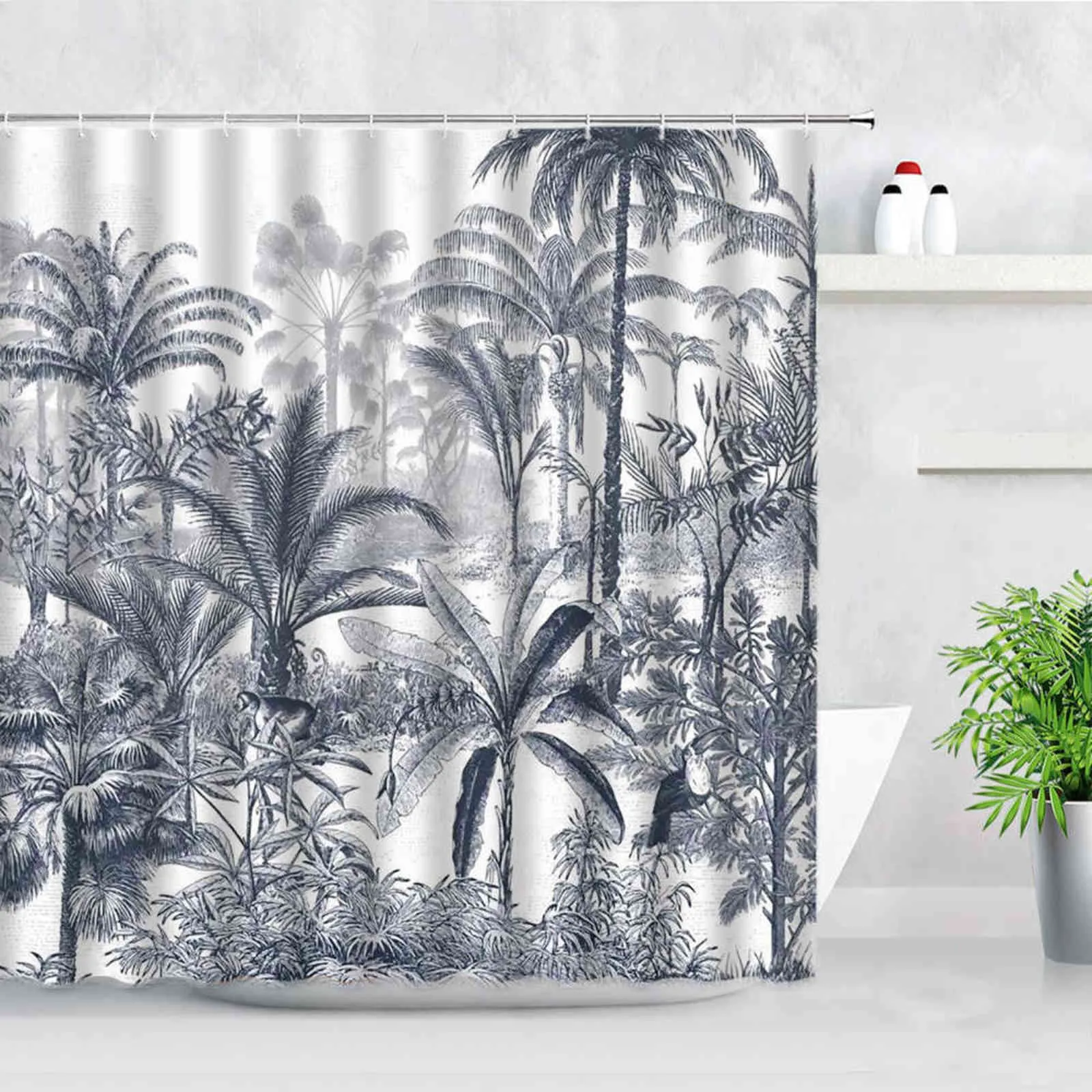 Tropical Plant Scenery Shower Curtain Set Jungle Waterfall Palm Leaf Coconut Tree Print Waterproof Cloth Bathroom Decor Curtains 211116