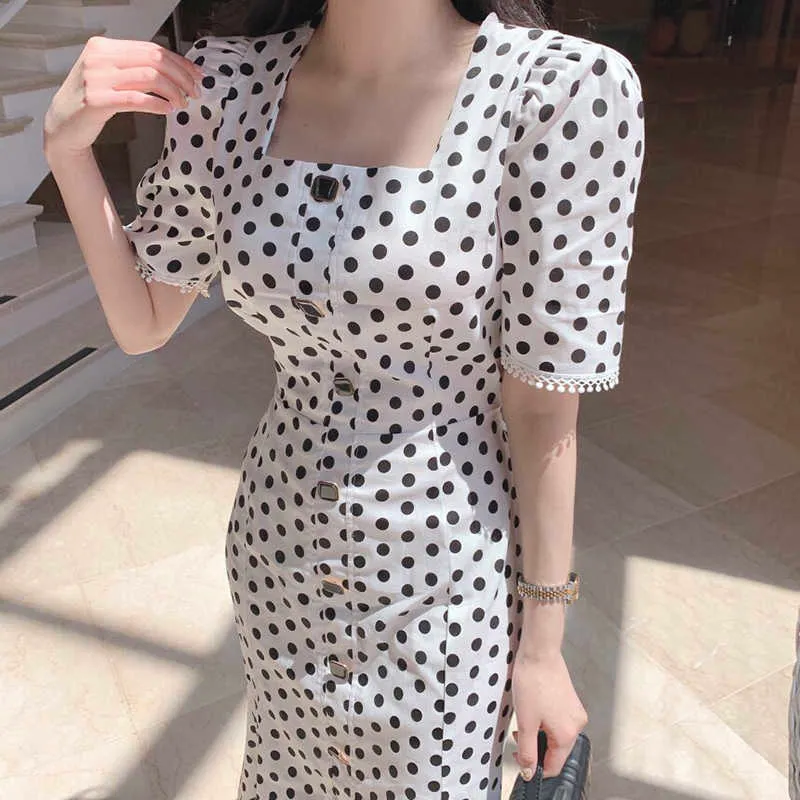 Korejpaa Kadınlar Elbise Yaz Kore Chic Bayanlar Zarif Mizaç Kare Yaka Fringed Polka Dot Bölünmüş Fishtail Vestidos 210526