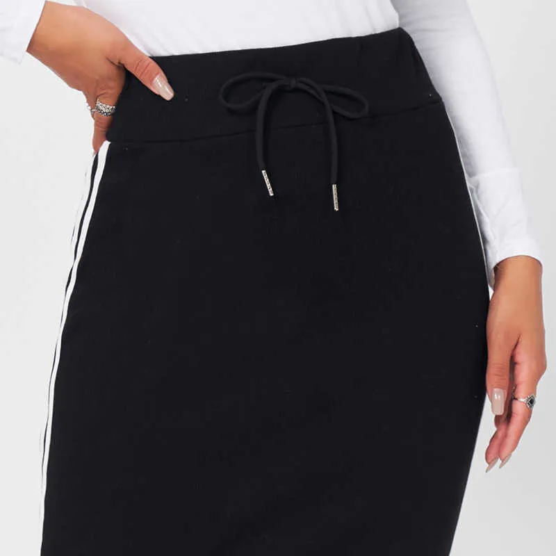 マイフン夏の女性の弾性黒のスカート巾着ウェビングニット縞模様の長いカジュアルセクシーなオールマッチバッグヒップカーフ210629