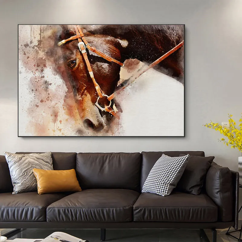 Современная акварель коричневая лошадь живопись животных картина стены искусства плакаты и принты для гостиной украшения кударос без рамки