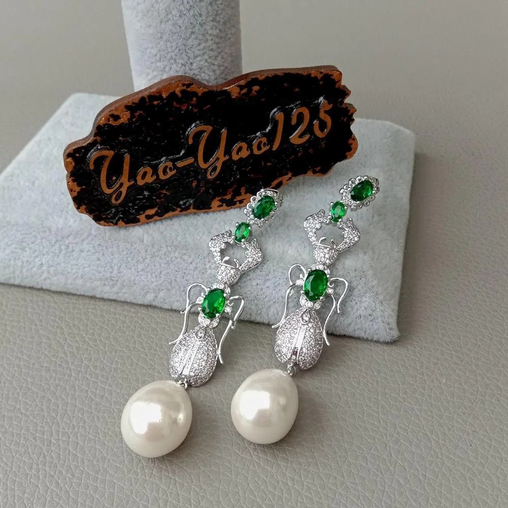 YYGEM Green Cz Pave Insect Stud Earrings Teardrop White Sea Shell Pearl party jewelry accessories cute pearlfor women