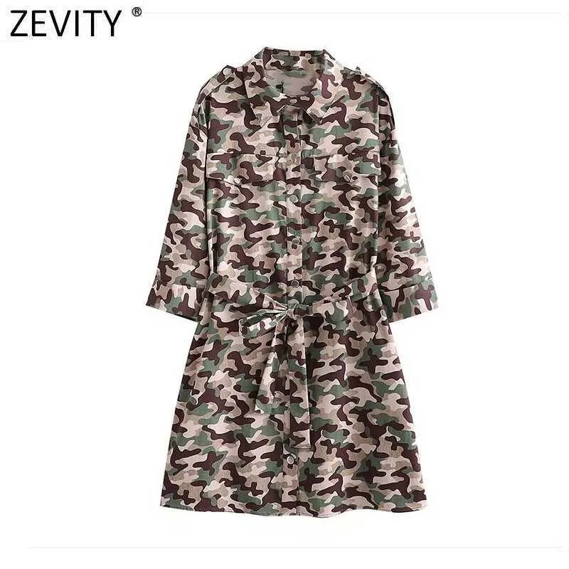 ZEVITY femmes Vintage Camouflage imprimé boutonnage chemise robe femme trois quarts manches ceintures Vestido Chic rétro robes DS8386 210603
