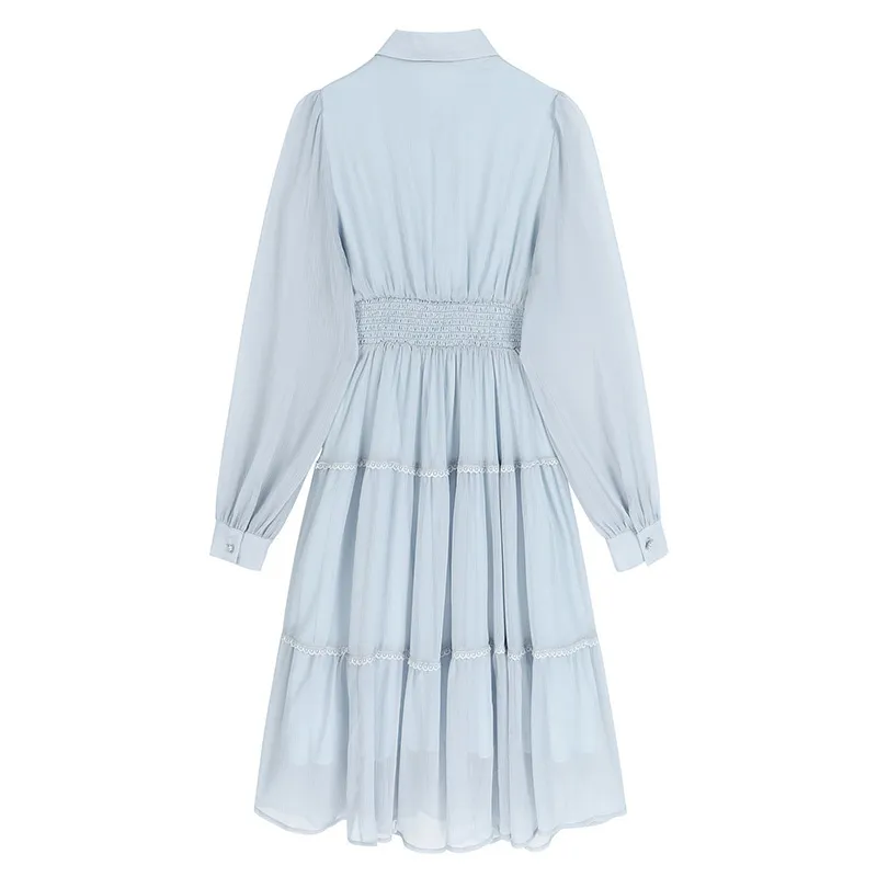 [EAM] Women Blue Pleated Ruffles Chiffon Mid-Calf Dress Lapel Long Sleeve Loose Fit Fashion Spring Summer 1DD8006 210512