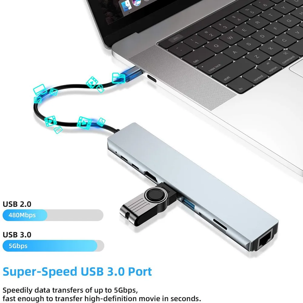 Tebe USB Typec Hub إلى 4K RJ45 SD TD Card Reader PD Fast Charge 8IN1 محول متعدد الوظائف لـ MacBook Pro284U3399721