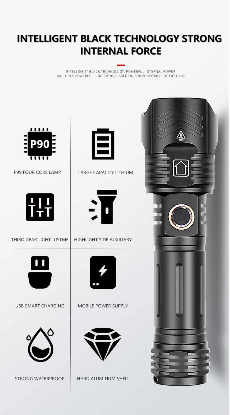 Est 5000mAh 120 lampe de poche LED à 9 cœurs Zoom USB Rechargeable la plus puissante 99 90 torche 18650 26650 lampe de poche 210608238H8287115