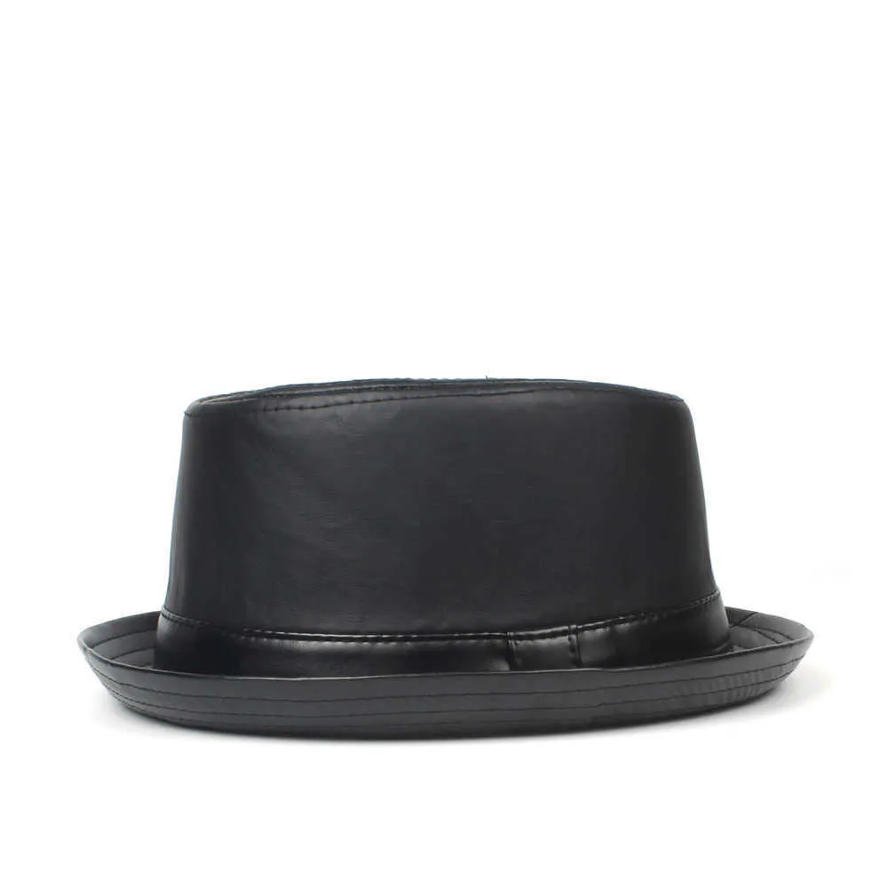 100 % Leder Schwarz Herren Pork Pie Hut für Papa Fedora Hut Fasgion Gentleman Flat Bowler Porkpie Jazz Hut Größe S M L XL Q0805