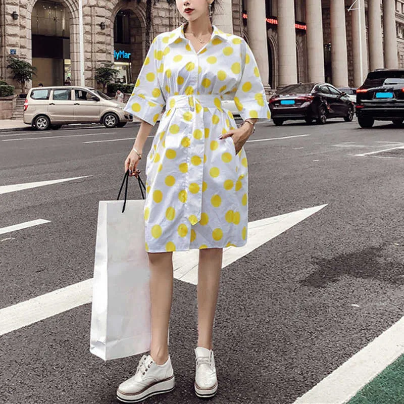 PERHAPS U Blue Yellow Polka Dot Print Turn Down Collar Shirt Dress Half Sleeve Pocket Sash Mini Dress Summer D0705 210529