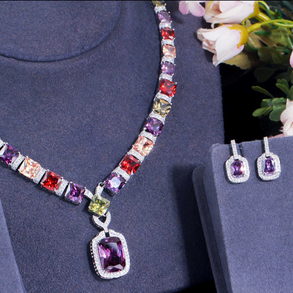 Пера роскошная принцесса вырезанная красочная CZ Crystal Square подвеска серьги ожерелье с привлечением ювелирных изделий для невесты J469 H1022
