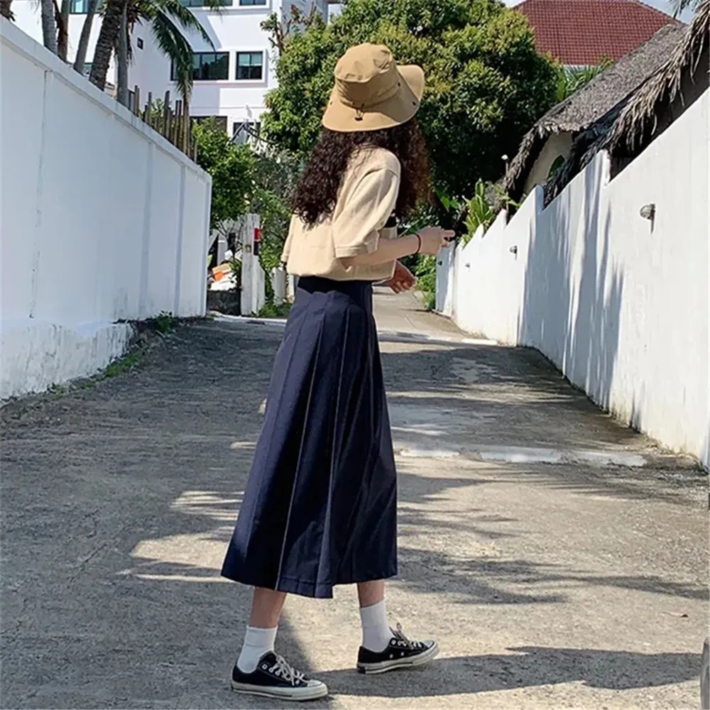 Style japonais longue jupe plissée femmes taille haute solide JK printemps été noir marine école étudiant filles Midi Saia 210421