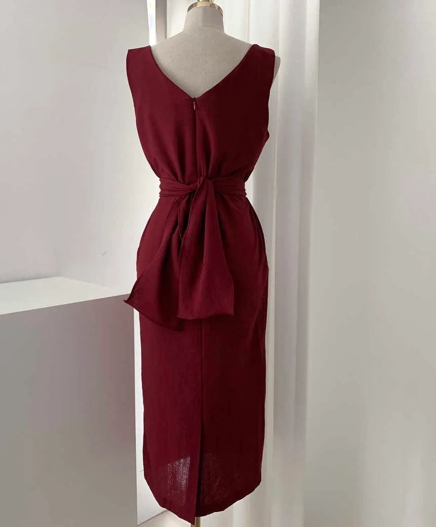 Klänningar kvinnor sommar vintage röd v nacke av axel tank klänning kors bandage smal hög midja vestidos mode sexig elegant chic 210610