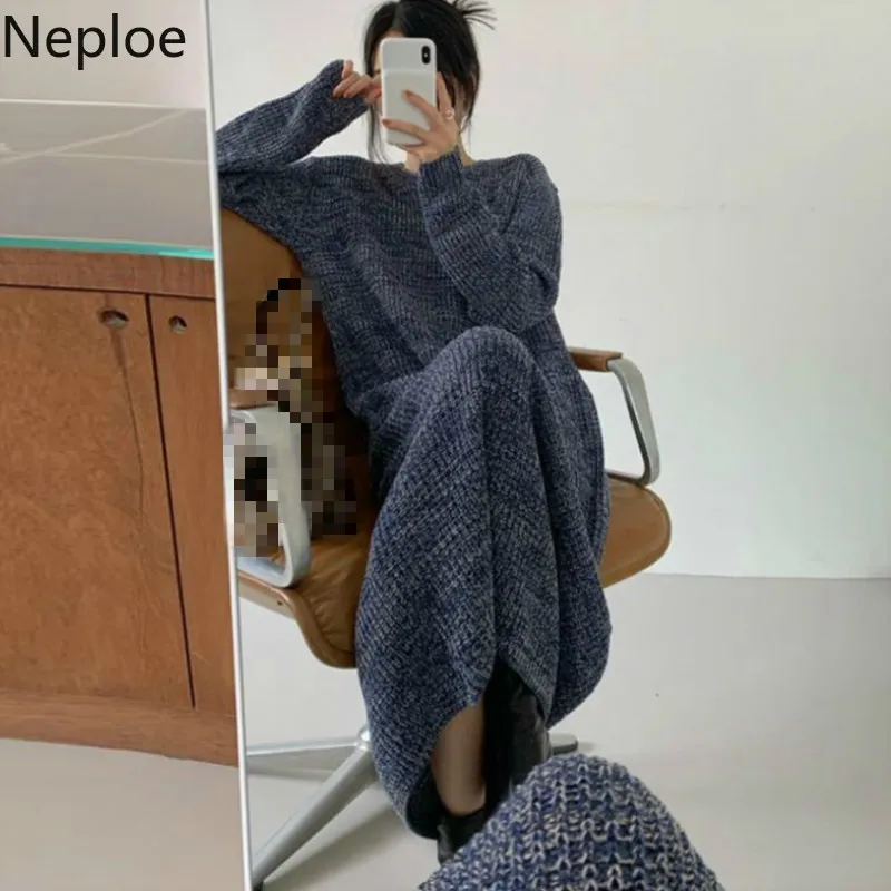 Neploe Maxi robes pour femmes coréen Chic tricoté Vestidos col rond à manches longues Robe vêtements d'hiver chaud pull Robe femme 210422