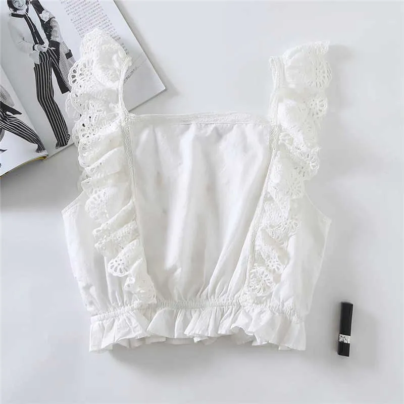 ZA 꽃 수 놓은 흰 블라우스 여성 민소매 레이스 Applique 프릴 탑스 패션 openwork 자수 여름 셔츠 210602