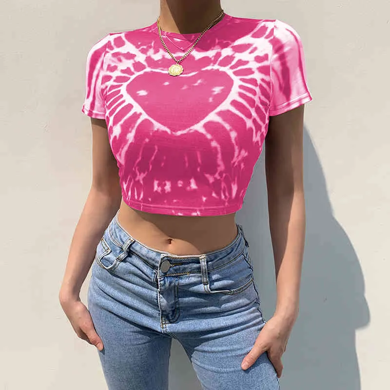 Rosa Dolce Cuore Stampato Y2k Femme T-Shirt da Donna Abbigliamento Estate Tie Dye Crop Top Harajuku Manica Corta Tee Shirt Paisle 210415