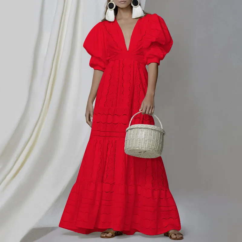 Frauen Kleid Elegante weiße Spitze es tiefem V-Ausschnitt Puffärmel Vintage hoch taillierte aushöhlen Maxi es 210524