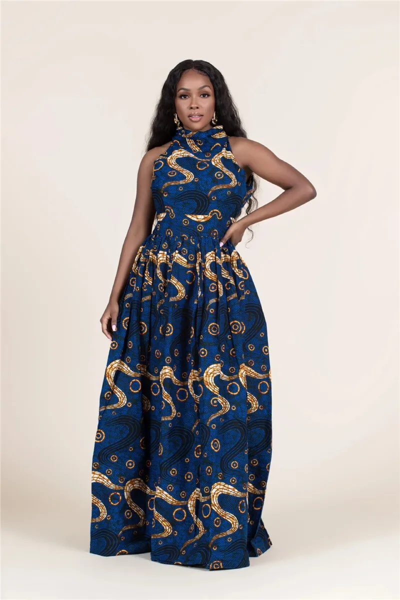 Isarose мода Halter платье плюс размер шнурок длинные платья вечеринка носить африканский печать водолазку без рукавов без рукавов платье молнии 210422