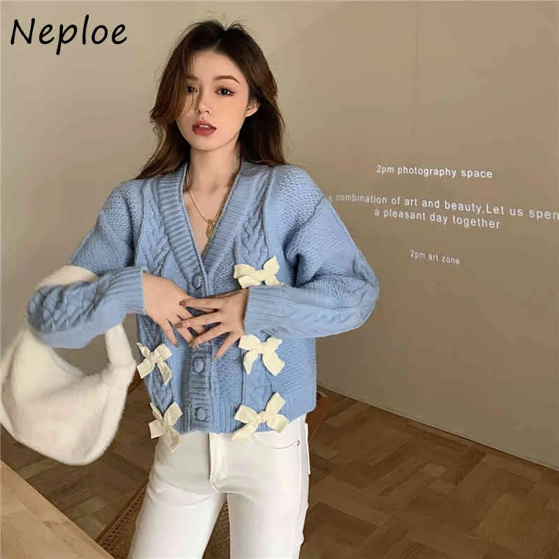 V Neck Long Sleeve Single Breast Knit Swetaer Cardigans Women Bow Design Thick Warm Outwear Pull Femme Coat Spring 210422