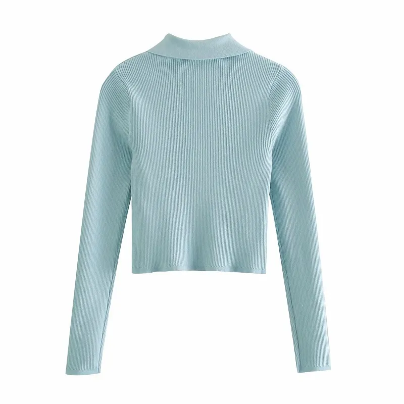 VUWWYV Spring Blue Cropped Slim Pull Femmes Mode High Street Knit Sweaters Femme À Manches Longues Polo Col Pull 210430