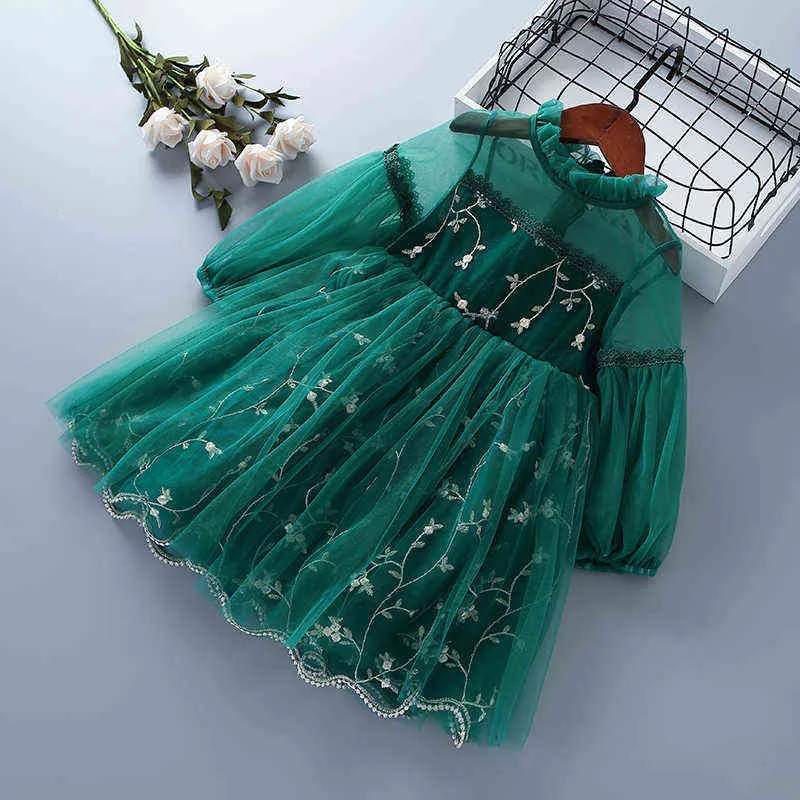 3-7 ans Vêtements de fille de haute qualité Printemps Mode Casual Rose Jaune Vert Dentelle Mesh Kid Enfants Robes de princesse 211231