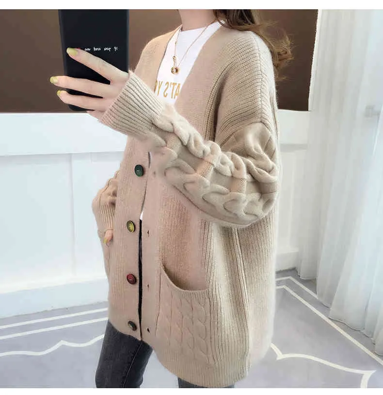 H.SA Women Cashmere Colorful Button Open Stitch Loose Style Long Sweater and Cardigans Winter Warm Clothes 210417