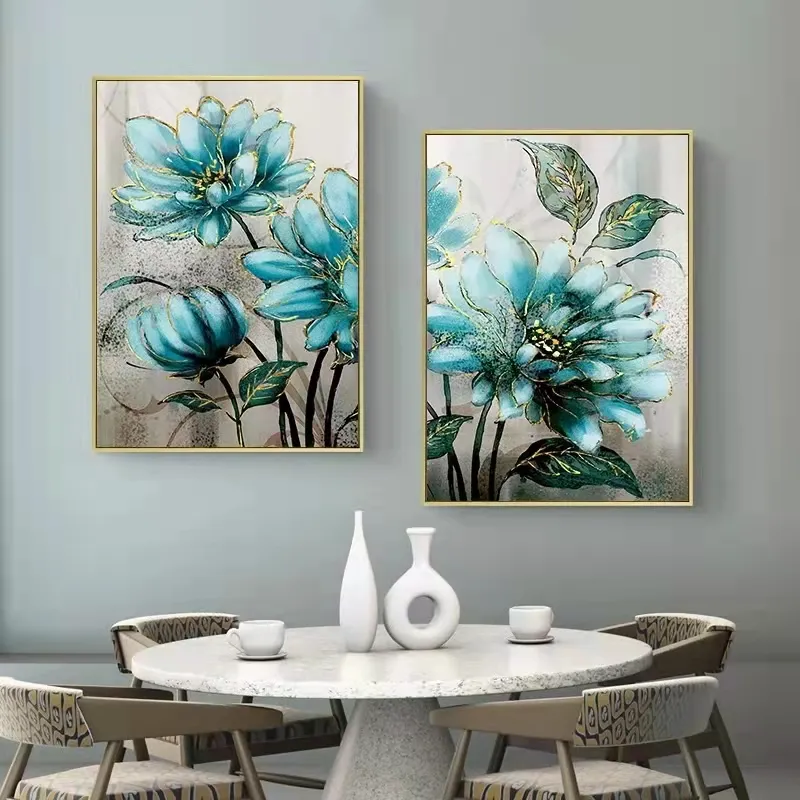 Pinturas de flores nórdicas estampados de arte de pared azules pequeñas y frescas para sala de estar, decoración minimalista del hogar moderno