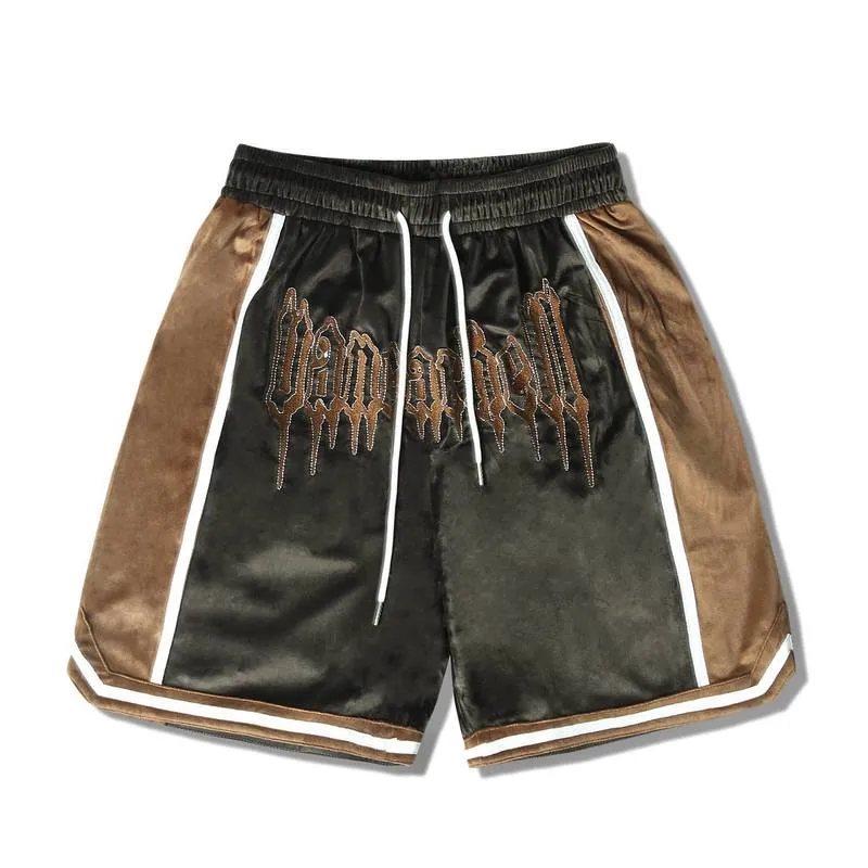 Мужчины хип-хоп Gold Velvet вышитые высокие уличные шорты повседневные лето широкие брюки ног прямые мешковатые уличные 220301