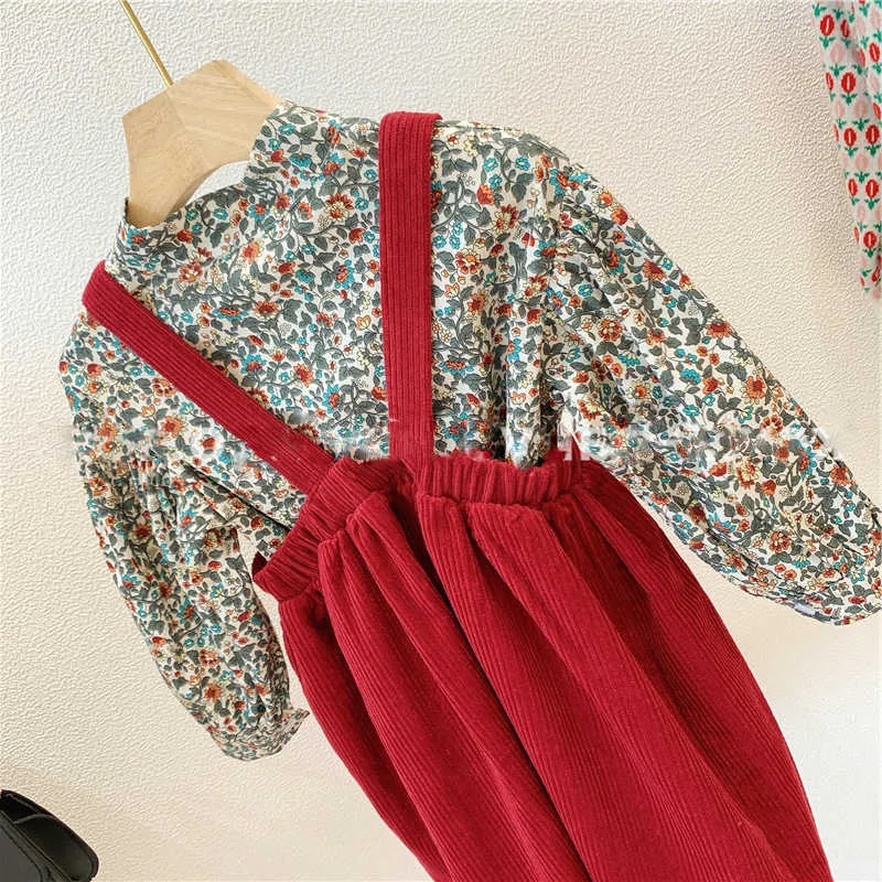 Conjuntos de roupas de meninas outono Girls terno floral lace-up blusa e lindo saia de veste 20 moda princesa crianças roupas 210625
