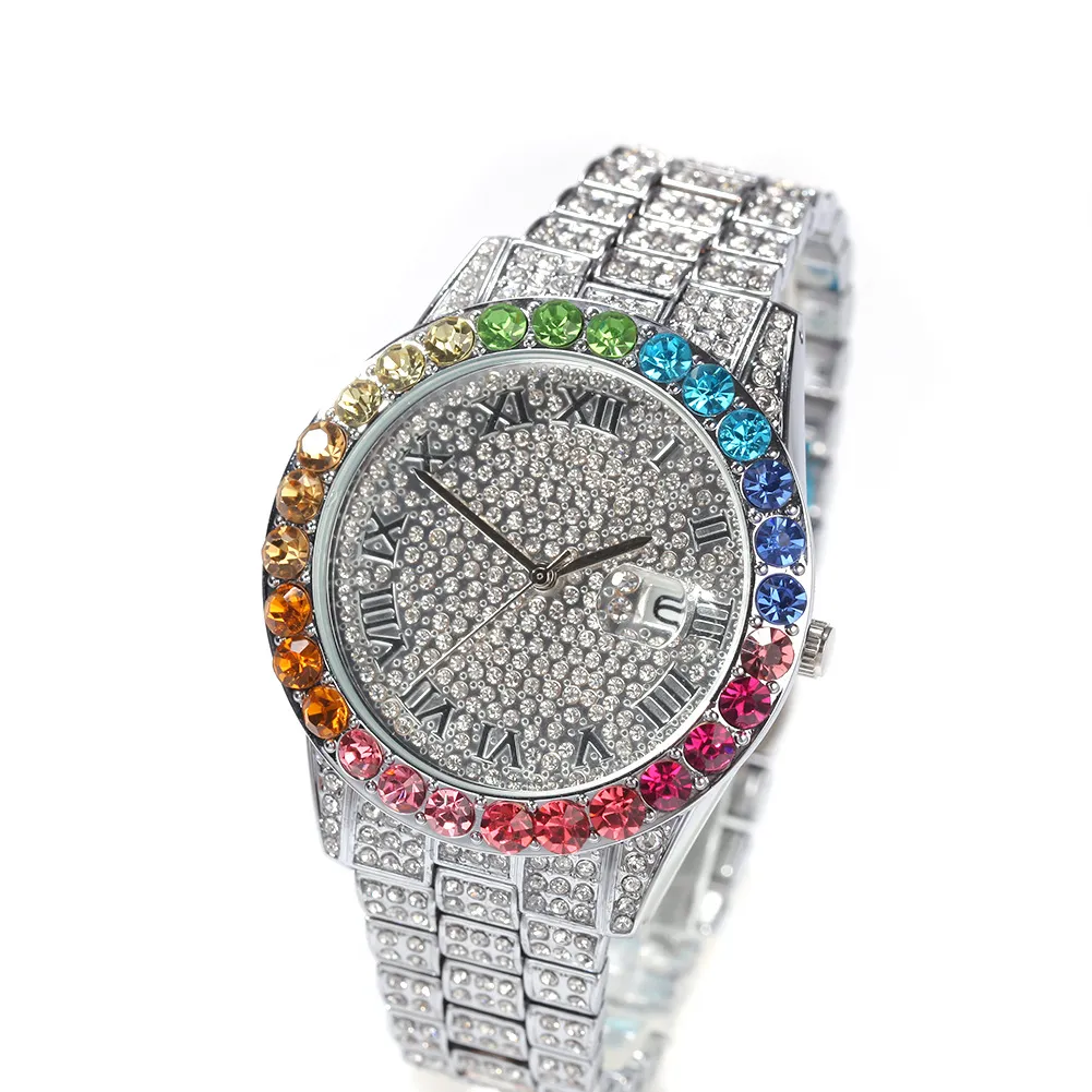 High Quality Hip Hop Colorful Watch 316L Stainless Steel Case Cover Full Diamond Crystal Strap Watches Quartz Wrist Watches Rapper279k