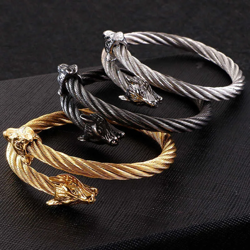 Punk Edelstahl Matt Viking Wolf Drache Charm Bangle Man Hip Hop Kabel Draht Gold Tiermanschette Armband Männer Schmuck 210713254r