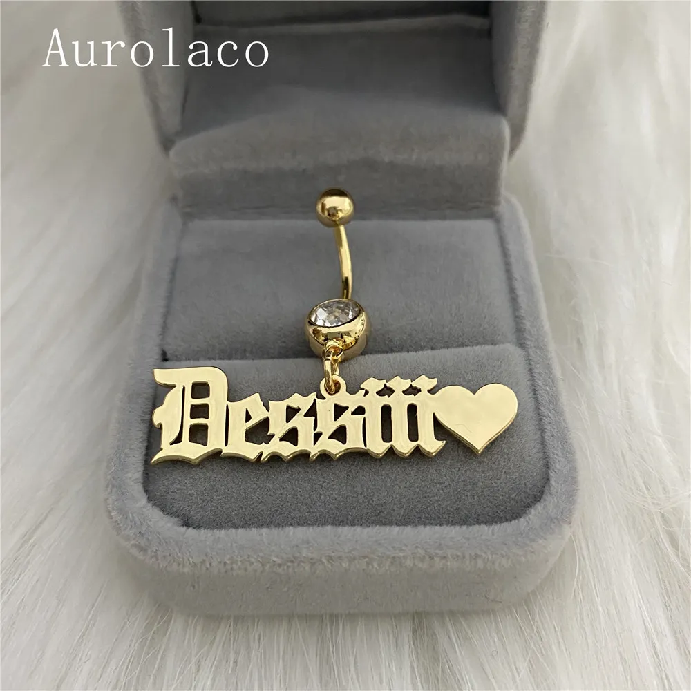 Aurolaco Fashion Name Stainless Steel Custom Body Smycken Zircon Belly Ring Gold Color Gift för Kvinnor