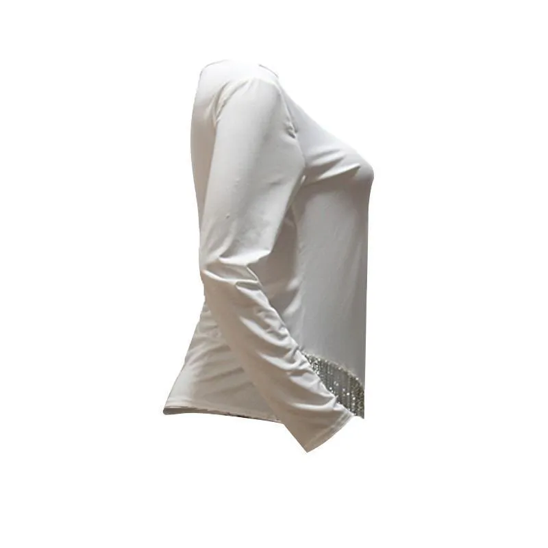 Femmes Tee Shirt Tops O Cou Noir Blanc Solide avec Métal Glands Fringe Manches Longues Slim Élastique Bluas Femme Printemps 210416