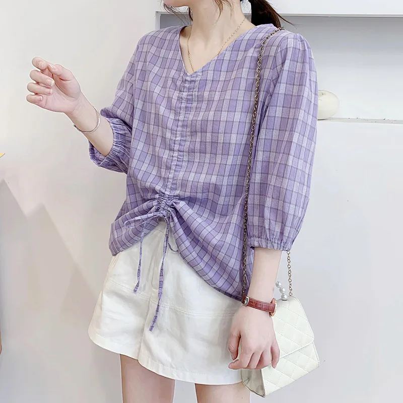 HSA女性の服ハーフスリーブドラップチェック柄ブルサとシャツ韓国のファッションブラウス弓紫ピンク夏トップス210417