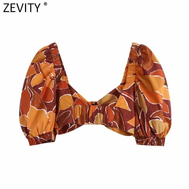 Zevity Women Tropical Floral Print Short Blouse Female Puff Sleeve Elastic Slim Shirts Buckle Blusas Chic Boho Crop Tops LS9318 210603