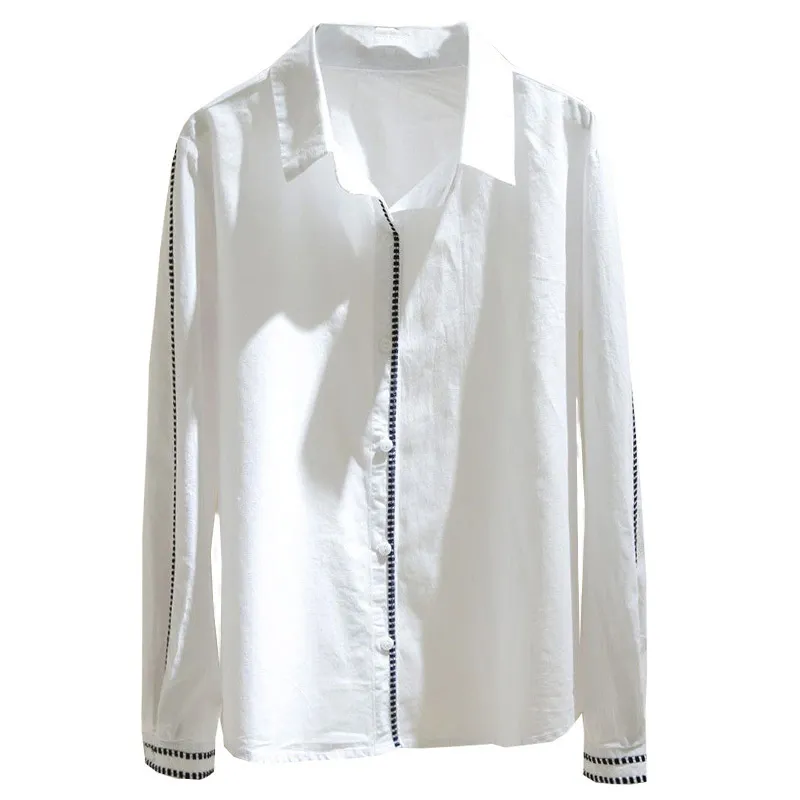 Bahar Uzun Kollu Gömlek Katı Artı Boyutu Ofis Lady Beyaz Pamuk Kıyafetleri Koreli Kadın Üstleri Ve Bluzlar Blusas 8930 50 210506