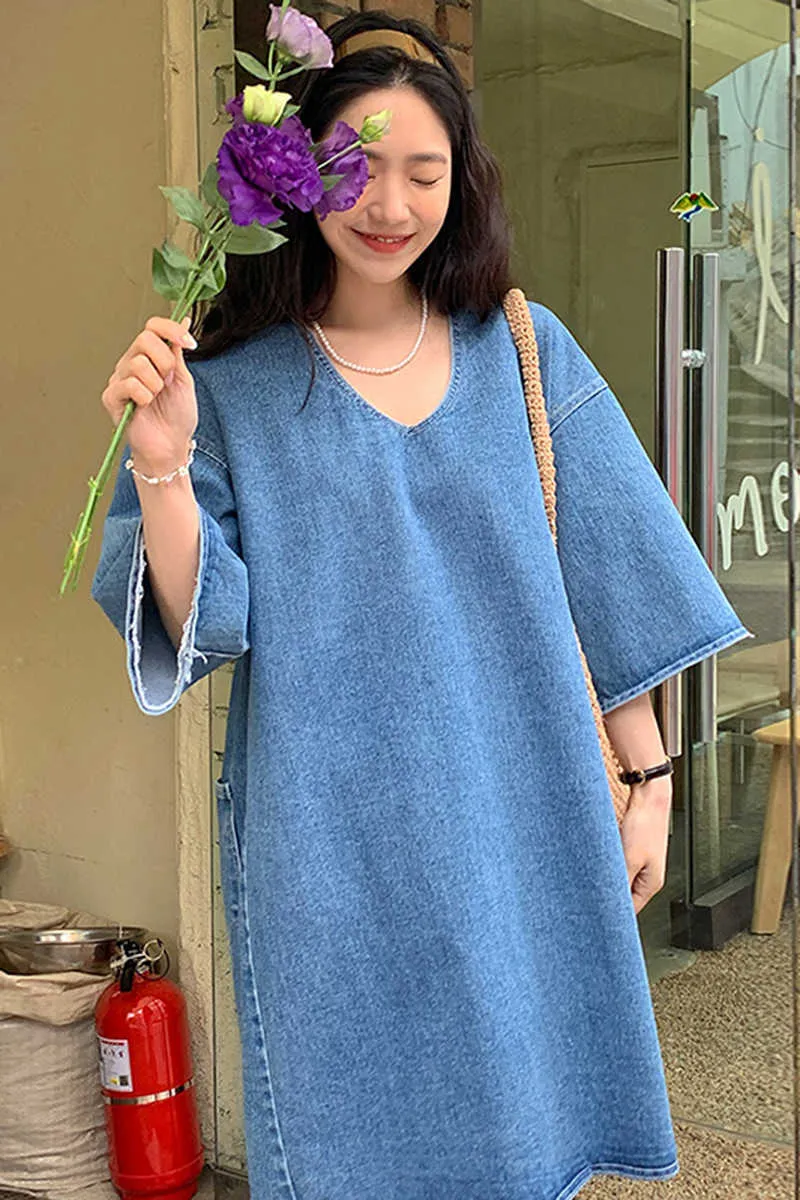 Korejpaa mulheres vestido verão coreano chique vintage simples selvagem v-pescoço solto casual sete pontos manga bluim denim vestidos 210526