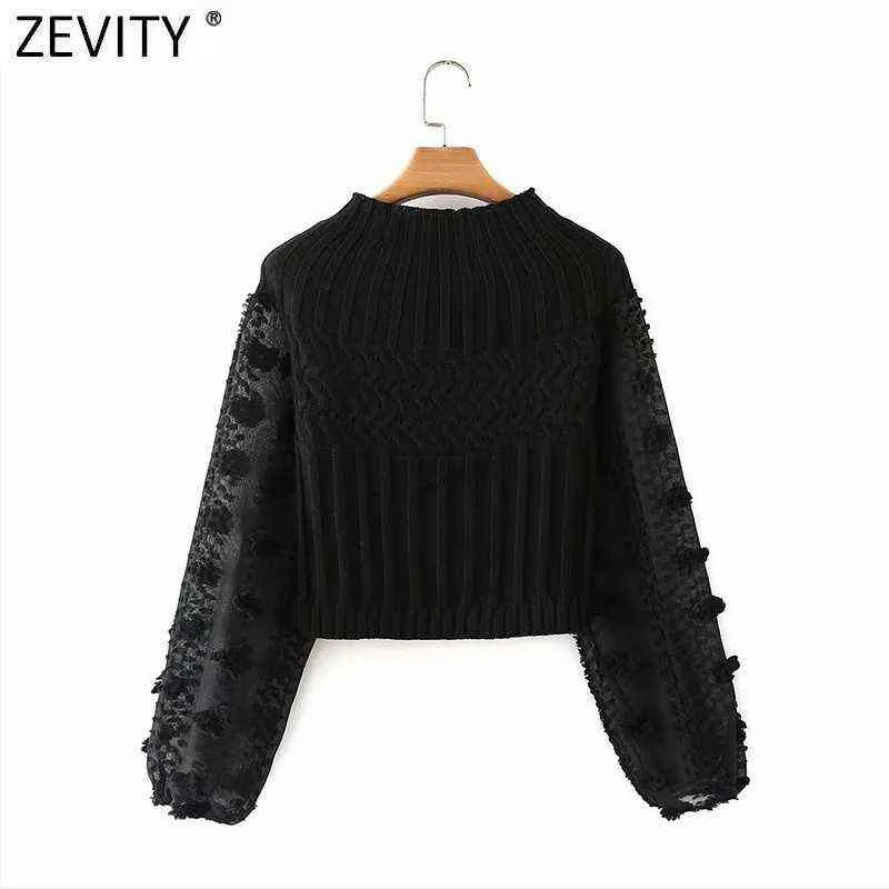 Zevity femmes mode Appliques en mousseline de soie lanterne manches Patchwork court tricot pull dames Chic pulls hauts S631 211103