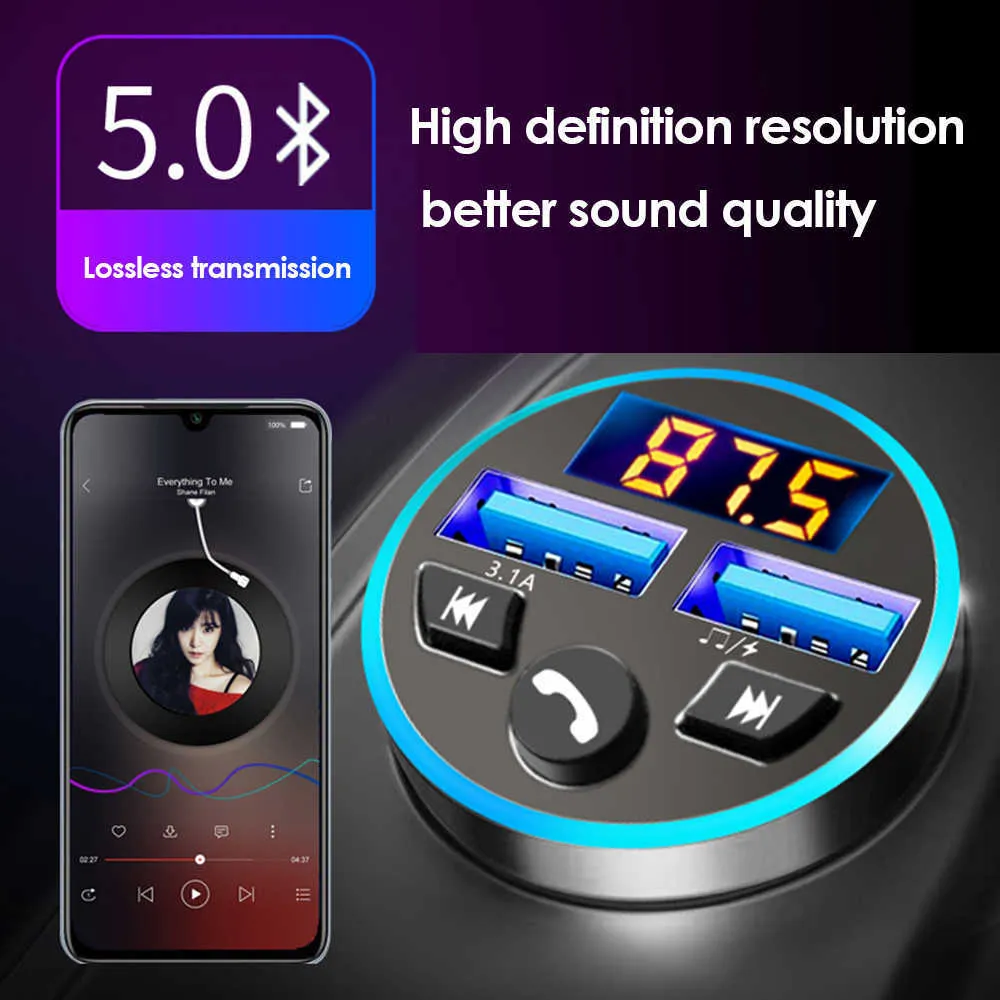 Bluetooth 5 0 QC 3 0 3 1A Charge rapide carte TF u-disk lecteur MP3 accessoires de téléphone transmetteur FM chargeur de voiture lumière LED Ring223r