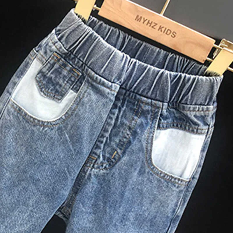 Dżinsy kieszonkowe dziewcząt wiosna jesień odzież dziecięca stała kolor talii dorywczo miękkie spodnie dżinsowe spodnie dla dzieci 210528