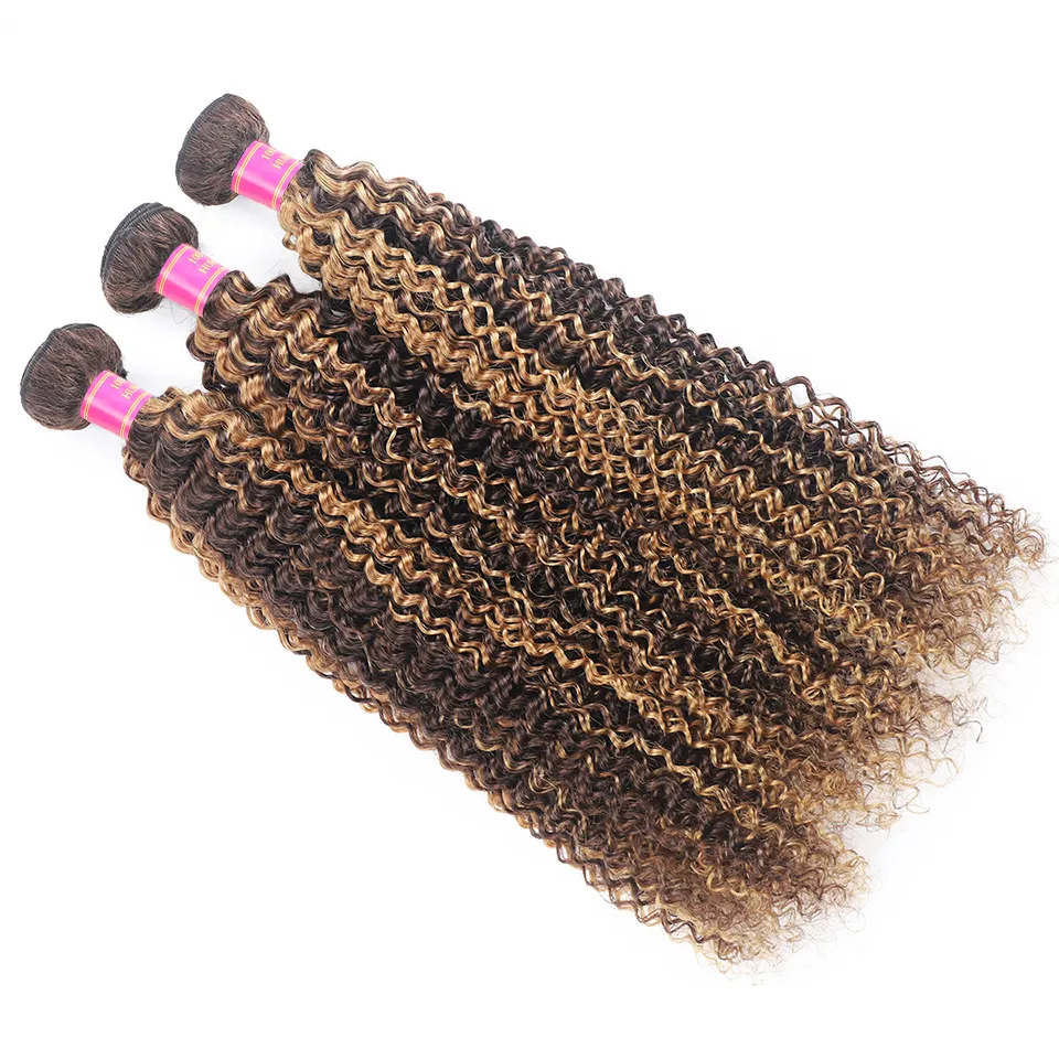 3 Bundles Double Weft P4 27 Highlight Curly Brazilian Human Hair Weave Extensions 100g/pcs