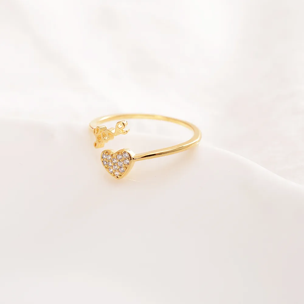 Женские кольца Love Lovely 24 k CT Fine Solid Gold GF CZ Stones Ring Регулируемый размер Открытое кольцо Симпатичные ювелирные изделия в форме сердца217L