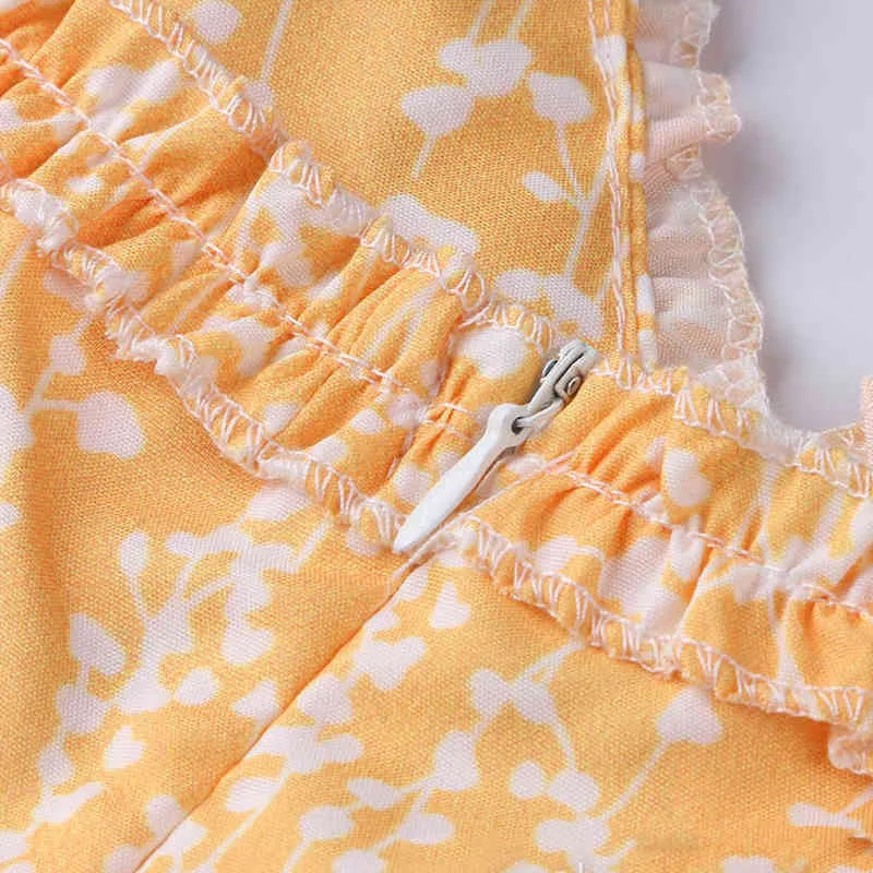 Foridol gul blommig tryck kort klänning kvinnor sommar boho avslappnad klänning elegant damer mini klänning vestidos 210415