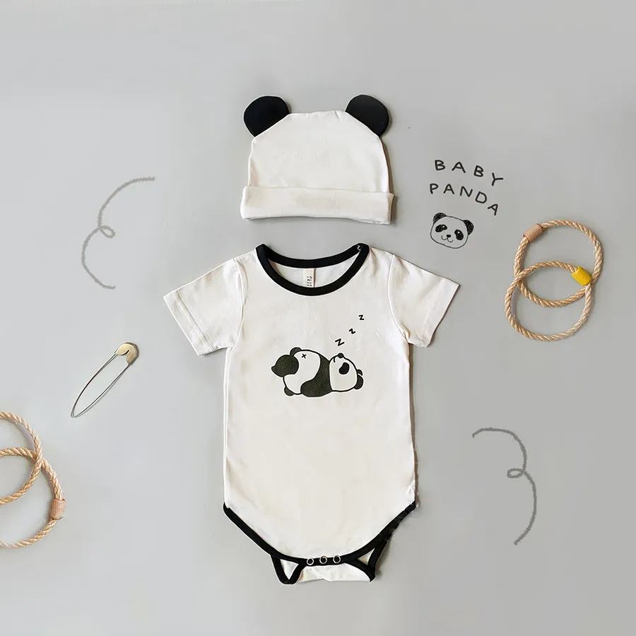 신생아 아기 소녀 면화 팬더 인쇄 패턴 Bodysuit 여름 새로운 유아 소년 팬더 꼬리 장식 bodysuits + 팬더 귀 모자 210413
