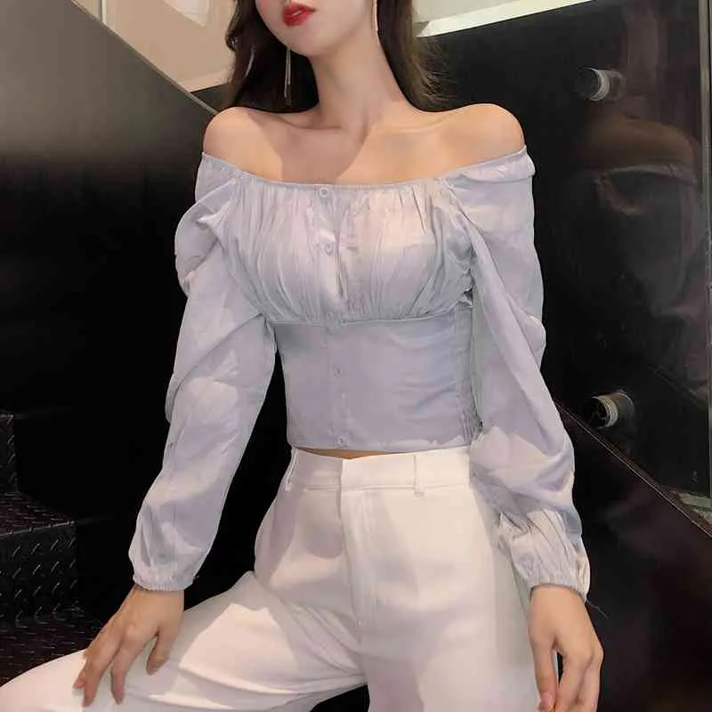 Ezgaga Kapalı Omuz Bluz Gömlek Kadınlar Slash Boyun Bahar Streç Basit Katı Ince Tek Göğüslü Kırpma Korece Seksi 210430 Tops