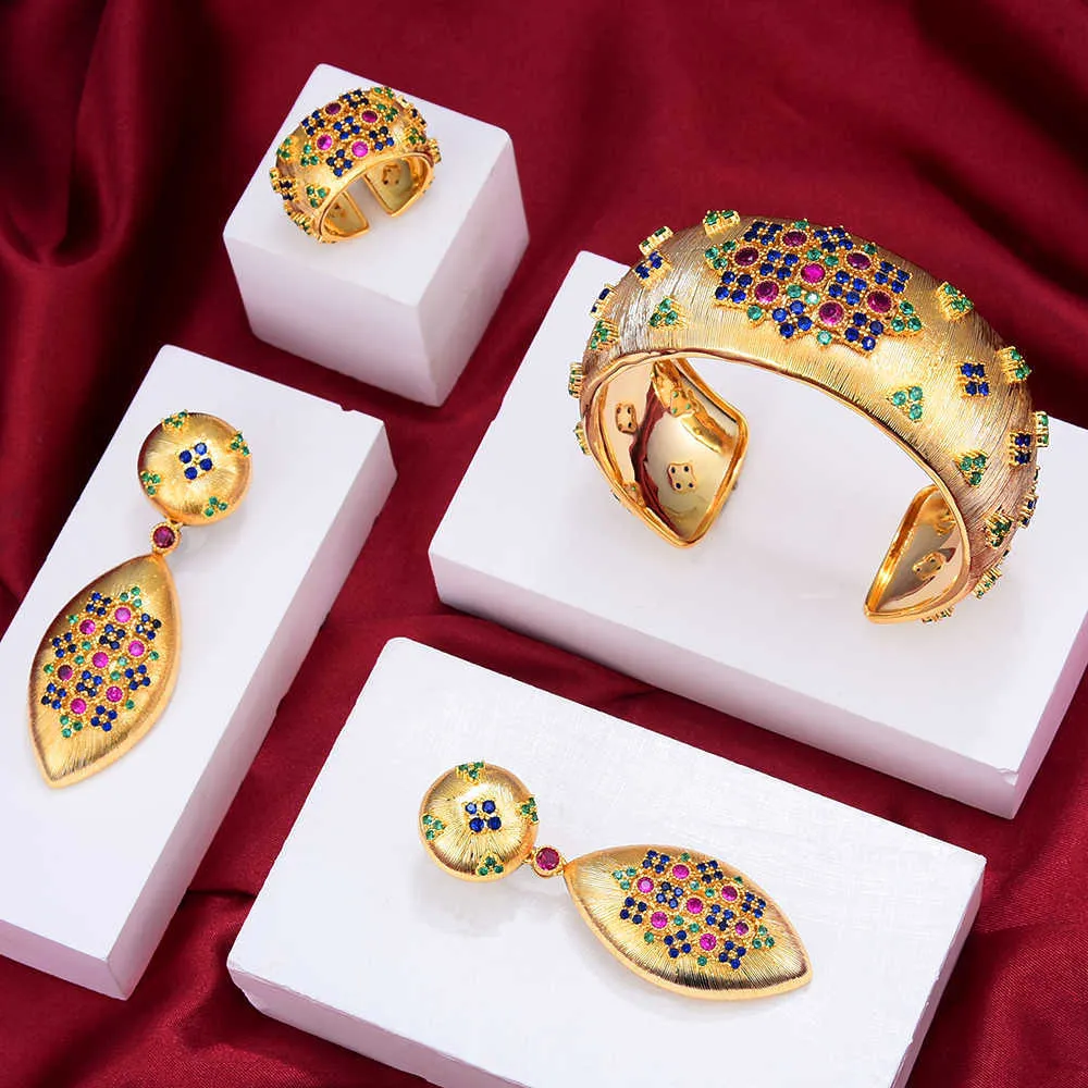 Missvikki 2021 Luxe Dubai Verklaring Gouden Oorbellen Bangle Ring Sieraden Sets voor Noble Women Oorbellen Bruids Bruiloft Sieraden Set H1022