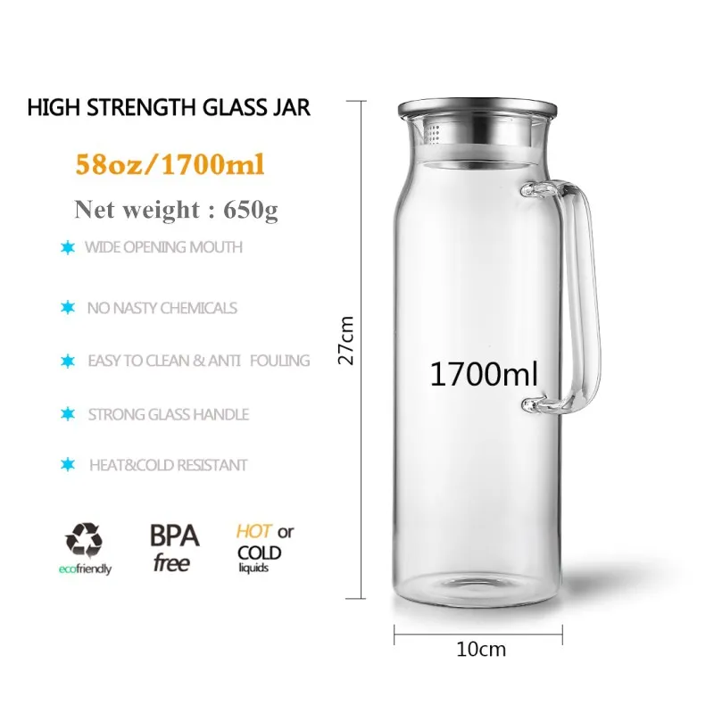 Pot d'eau en verre avec filtre en acier inoxydable Mlilk JUG Pichet Buvant Bouilloire Tumbler Jar 1.7L pour la maison